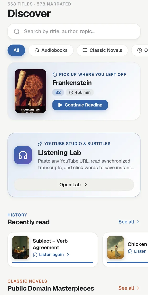 The Discover screen: 668 titles with search and level filters, and a continue-reading card