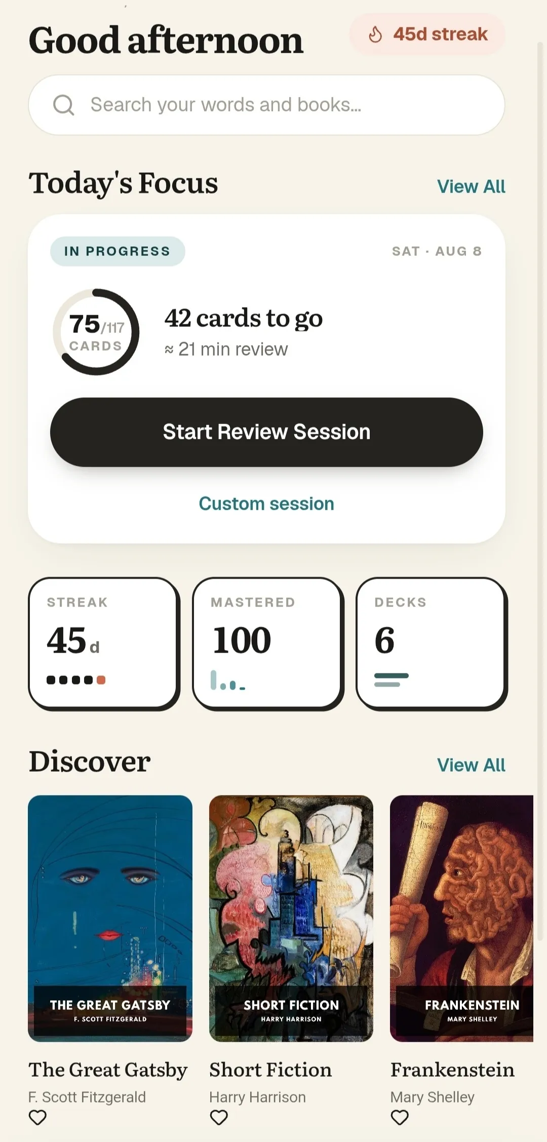 The Recall home screen: daily goal ring, words learned, streak and the books you are reading