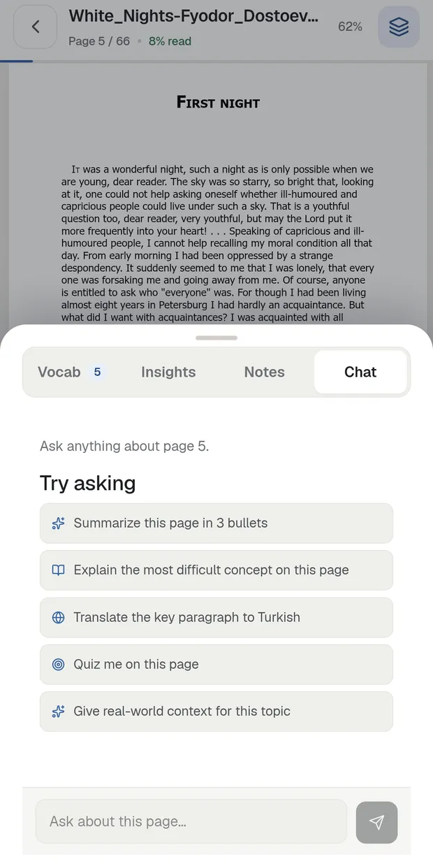 The reader's chat tab open over a PDF page, with suggested questions about that page