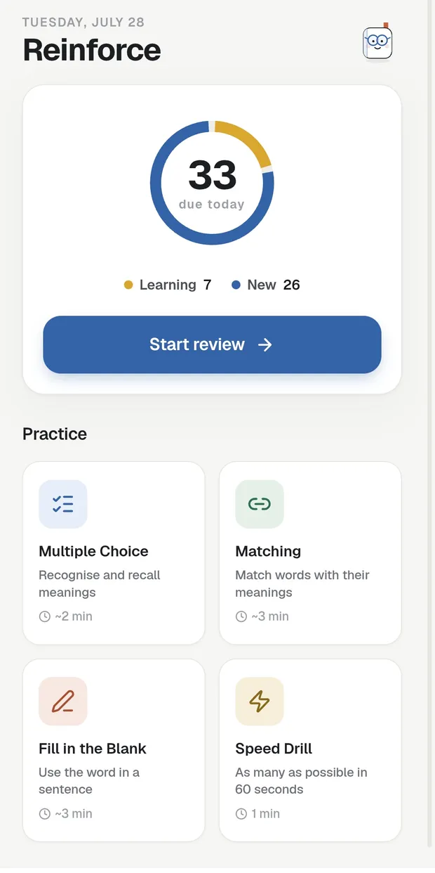 The Reinforce hub listing the multiple choice, matching, fill-in-the-blank and speed drills